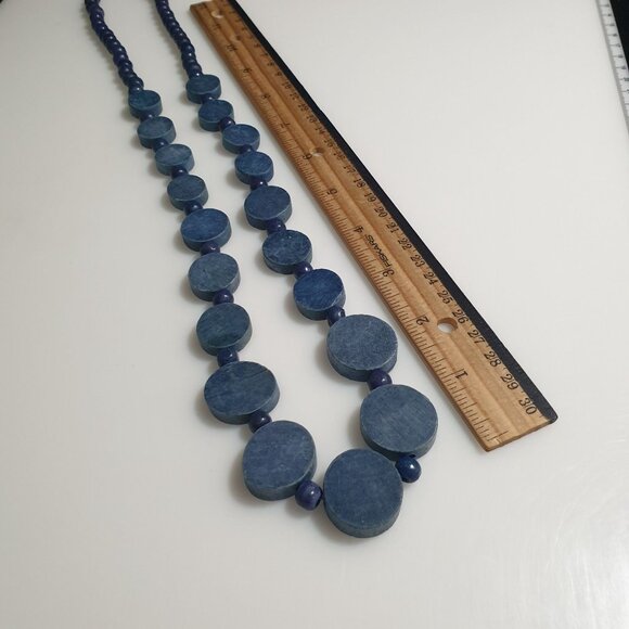 Blue Wooden Beaded Statement Necklace Disk Beads 30 Inch Long Minimalist Design - Picture 4 of 5